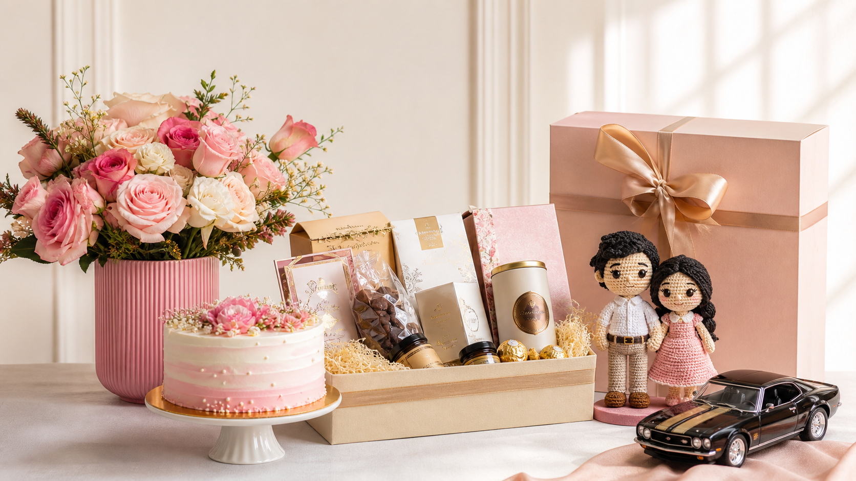 Light premium GiftFeels arrangement with flowers, cake, hamper, crochet, toy car and personalised gifts